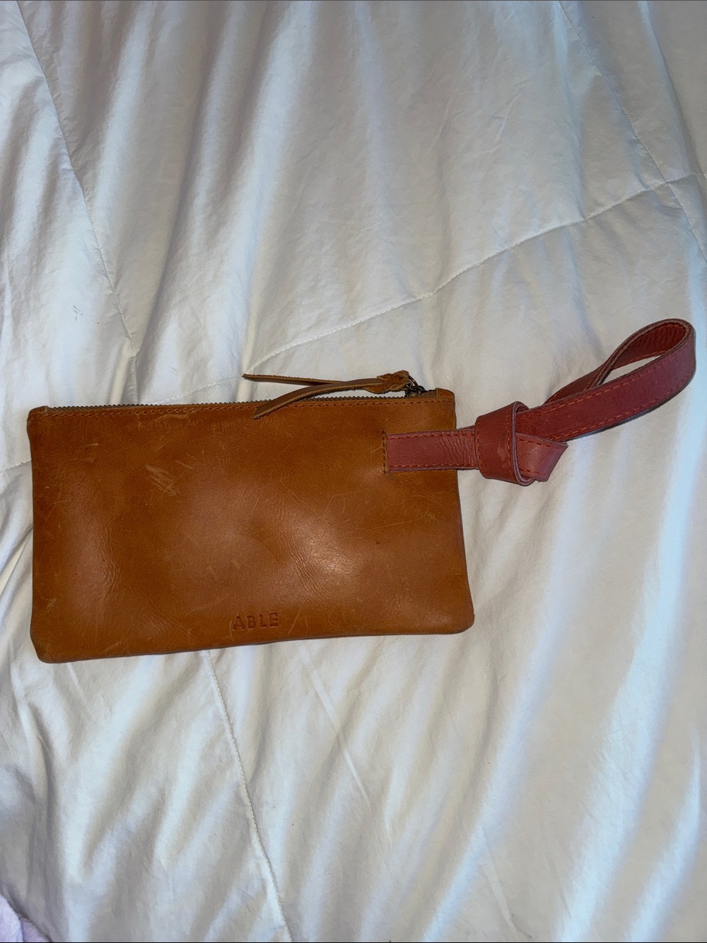 Able Tan Leather Pouch with pink Wrist Strap